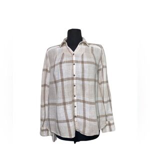 Free People Brown Plaid Snap Button High Low Ruffled Trim Blouse Top Wom…